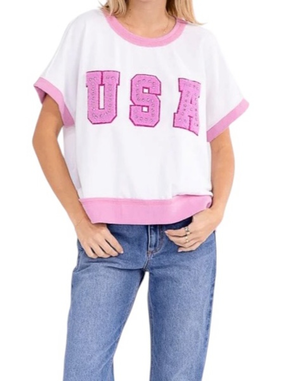 Le Lis USA Graphic Rhinestone Short Sleeve Pink/White